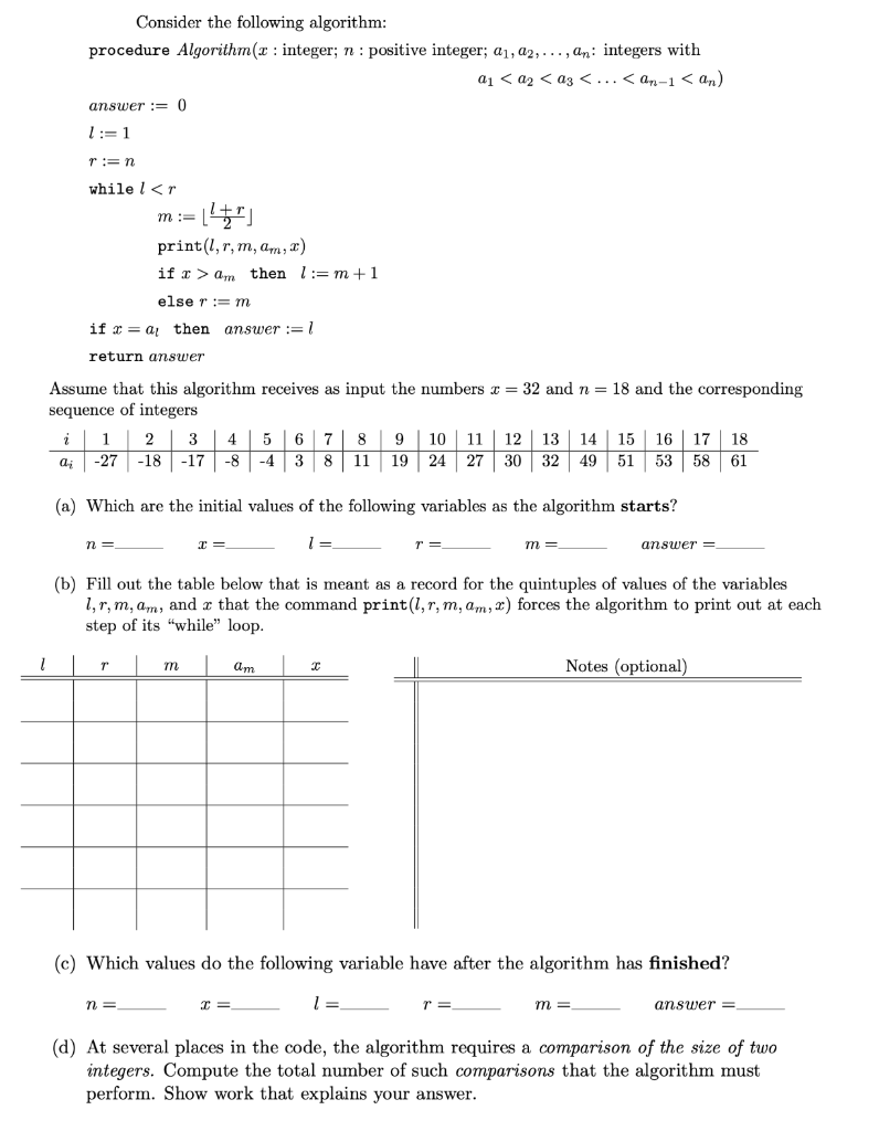 Solved Consider the following algorithm: procedure Algorithm | Chegg.com