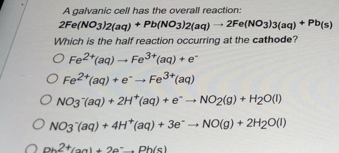 Solved a galvanic cell has the overall reaction 2Fe(NO3)2