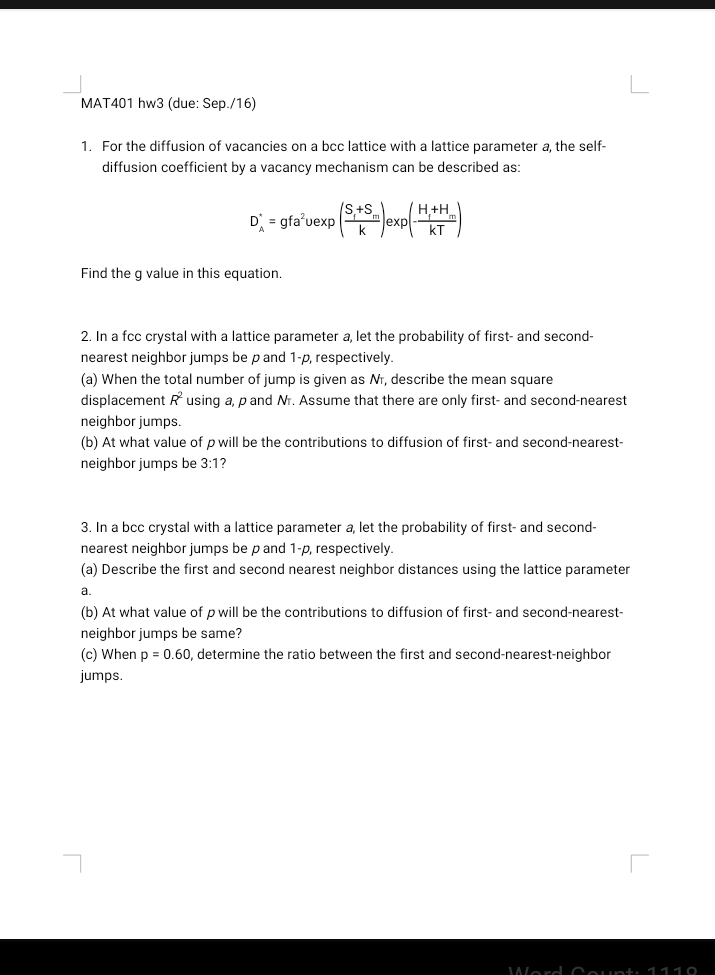 Solved 1. For the diffusion of vacancies on a bcc lattice | Chegg.com