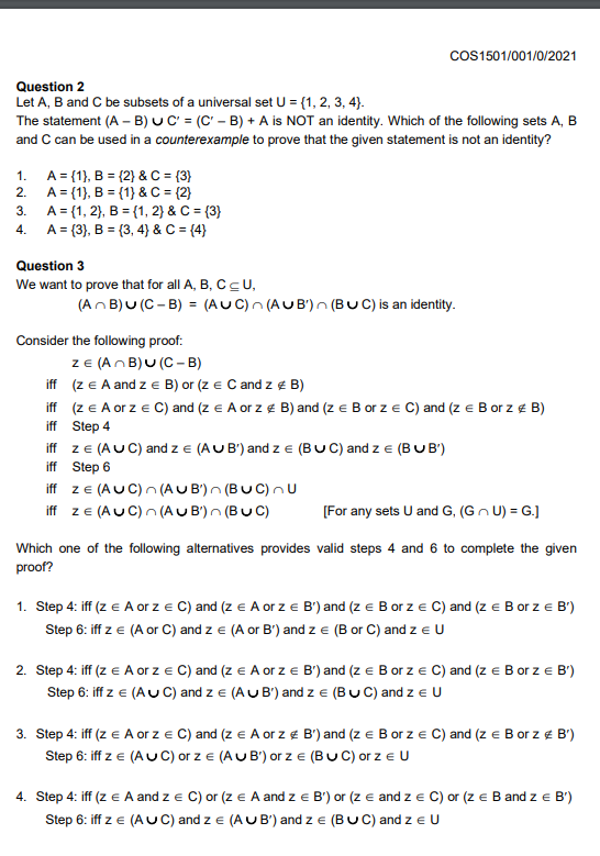 Solved Question 1 Let A, B And C Be Subsets Of A Universal | Chegg.com