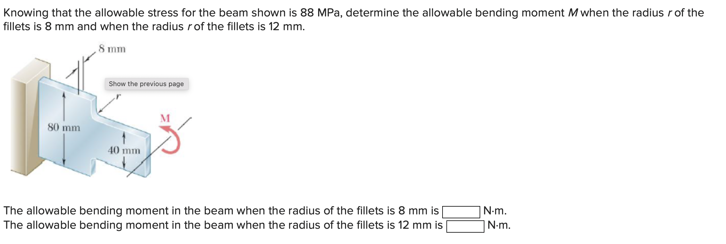 Knowing that the allowable stress for the beam shown is \( 88 \mathrm{MPa} \), determine the allowable bending moment \( M \)