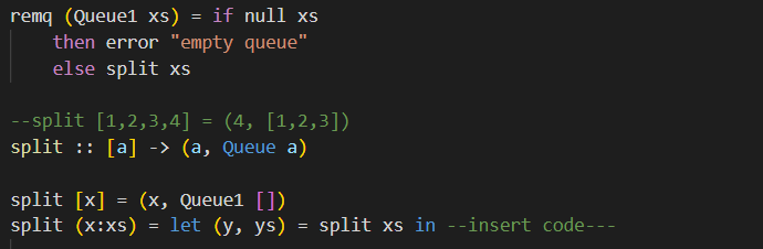 Solved remq (Queue1 xs) = if null xs then error 