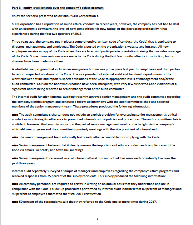 Part b - entity-level controls over the companys ethics program study the scenario presented below about shr corporations.