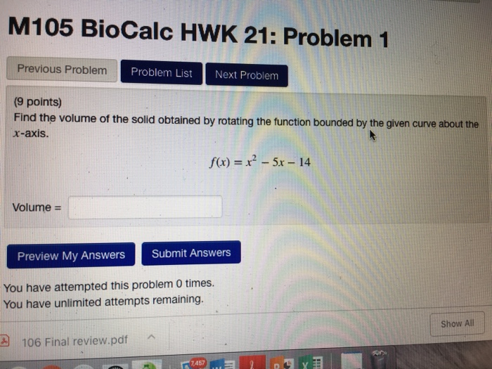Solved M105 BioCalc HWK 21: Problem 1 Previous Problem | Chegg.com