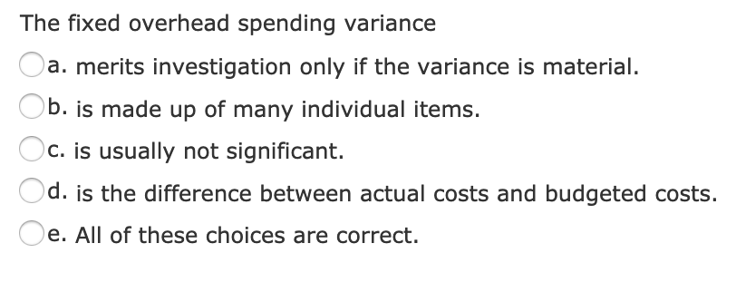 Solved The fixed overhead spending variance Oa. merits | Chegg.com