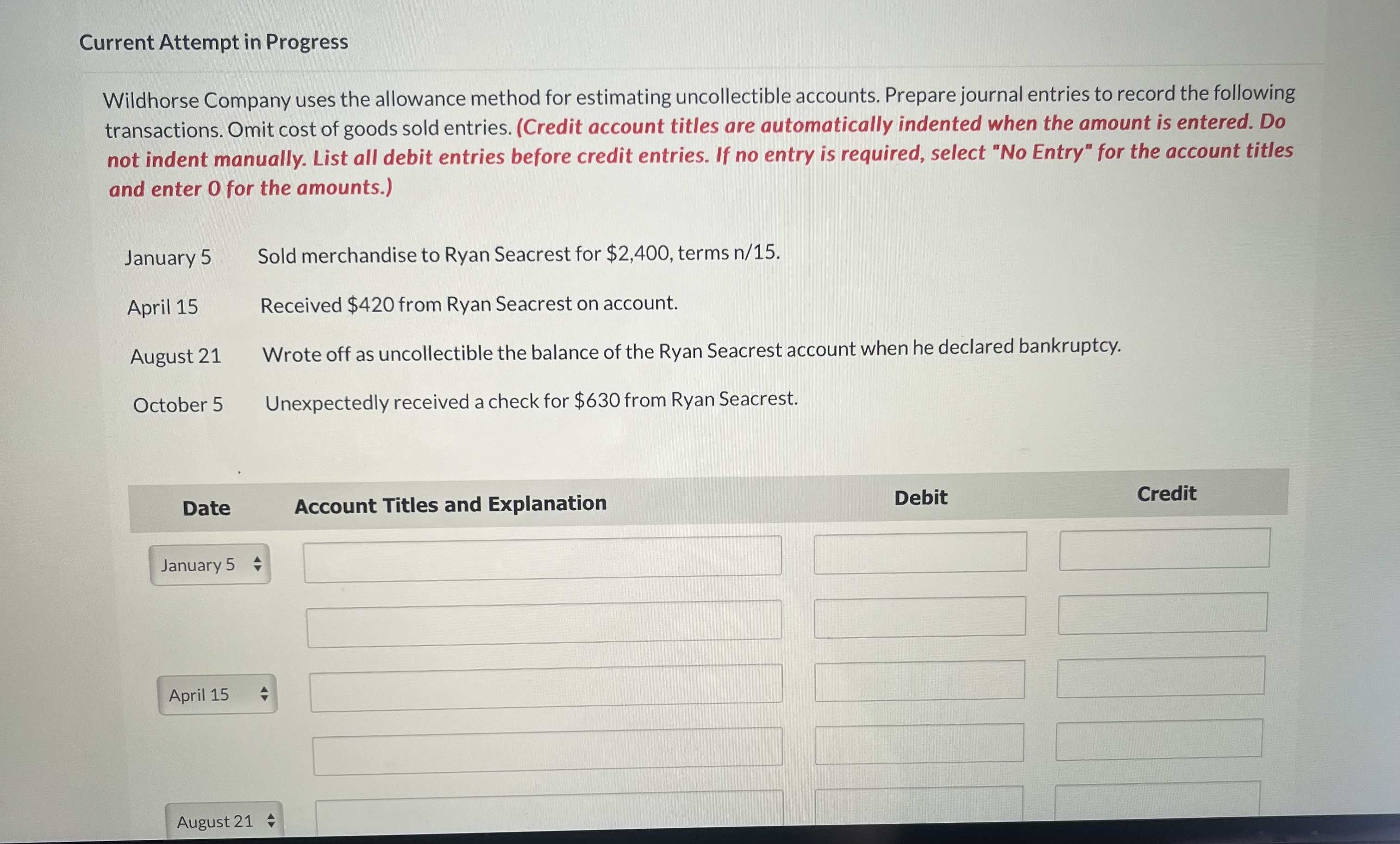 Solved Wildhorse Company uses the allowance method for | Chegg.com