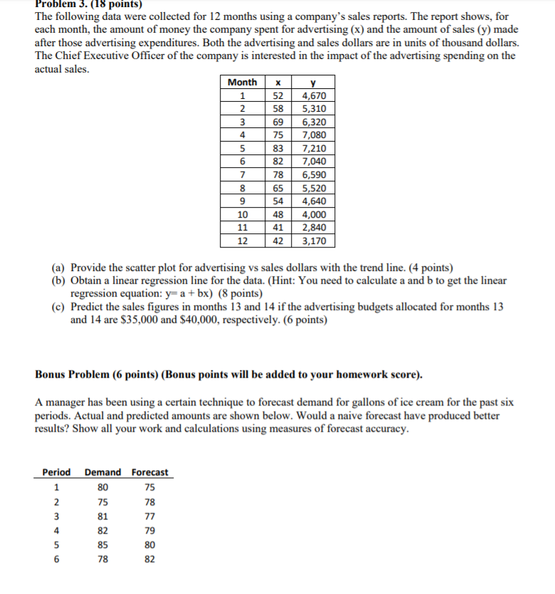 Solved 58 Problem 3. (18 points) The following data were | Chegg.com