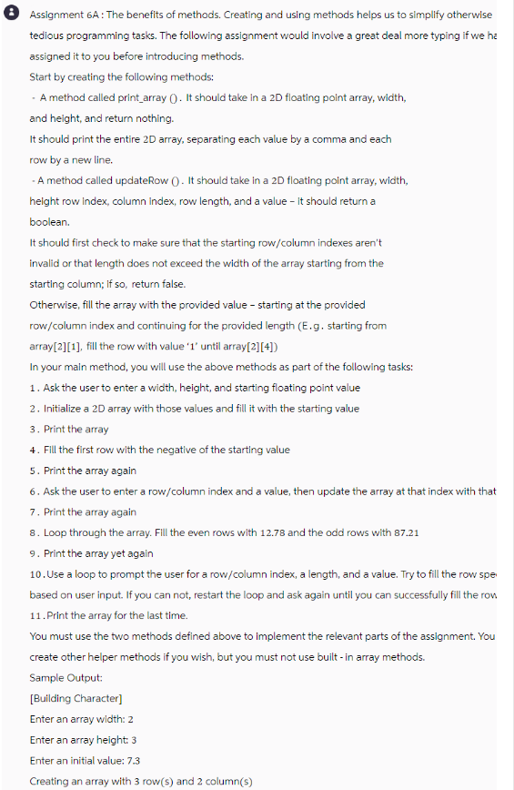 Solved Assignment 6 A : The benefits of methods. Creating | Chegg.com