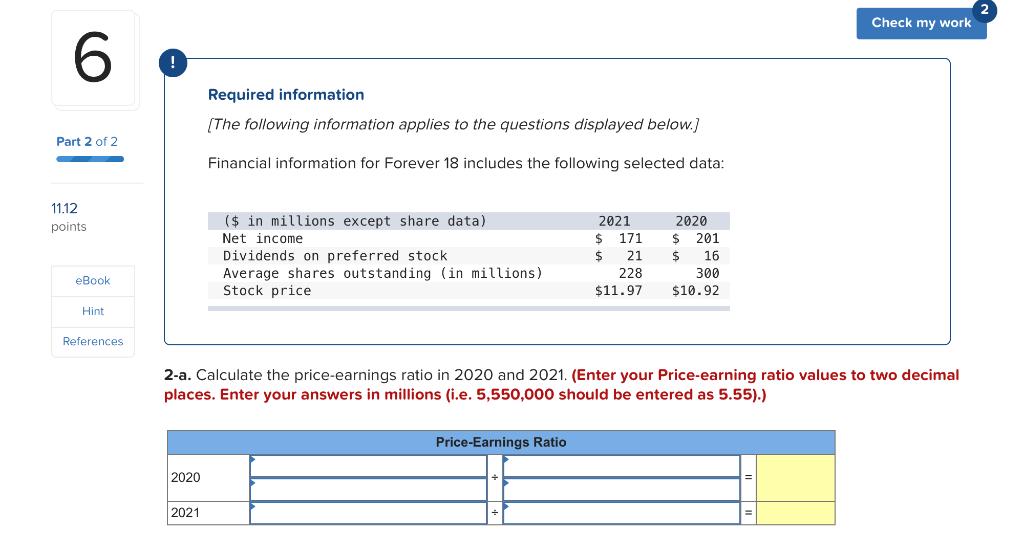 Solved Check my work 6 12 Required information Part 2 of 2 | Chegg.com