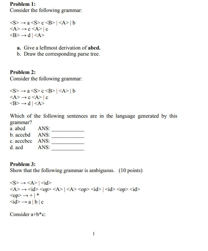 Solved Problem 1: Consider The Following Grammar: | Chegg.com