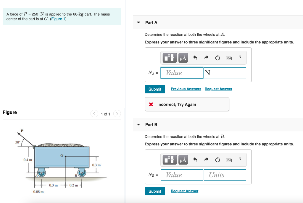 Solved A force of P = 250 N is applied to the 60kg cart.