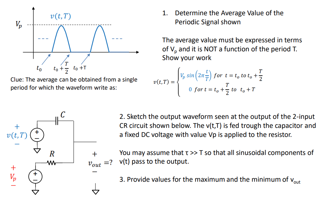 1. Determine the Average Value of the Periodic Signal shown
The average value must be expressed in terms of \( \mathrm{V}_{p}