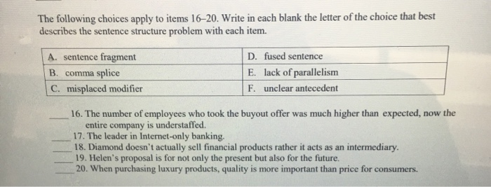 The following choices apply to items 16-20. Write in | Chegg.com