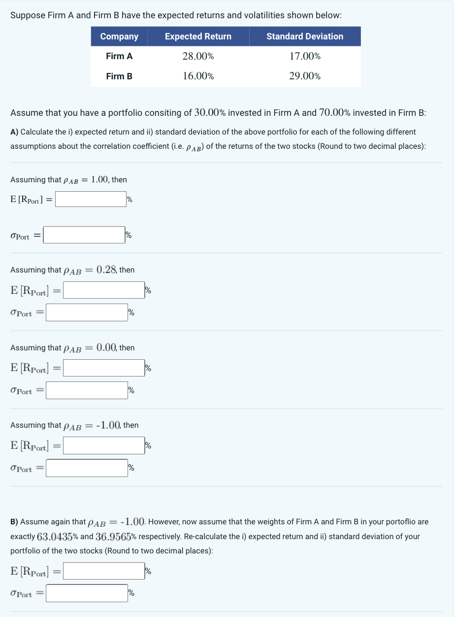 Solved Suppose Firm A And Firm B Have The Expected Returns | Chegg.com