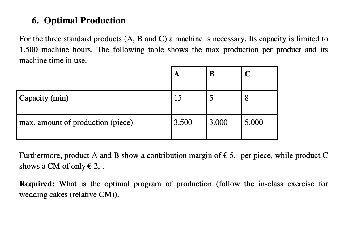 6. Optimal Production For the three standard products | Chegg.com