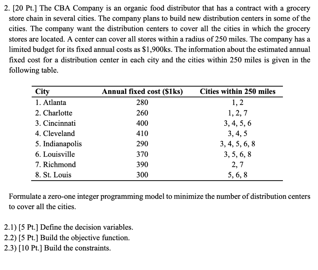 Solved 2. [20 Pt.] The CBA Company is an organic food | Chegg.com