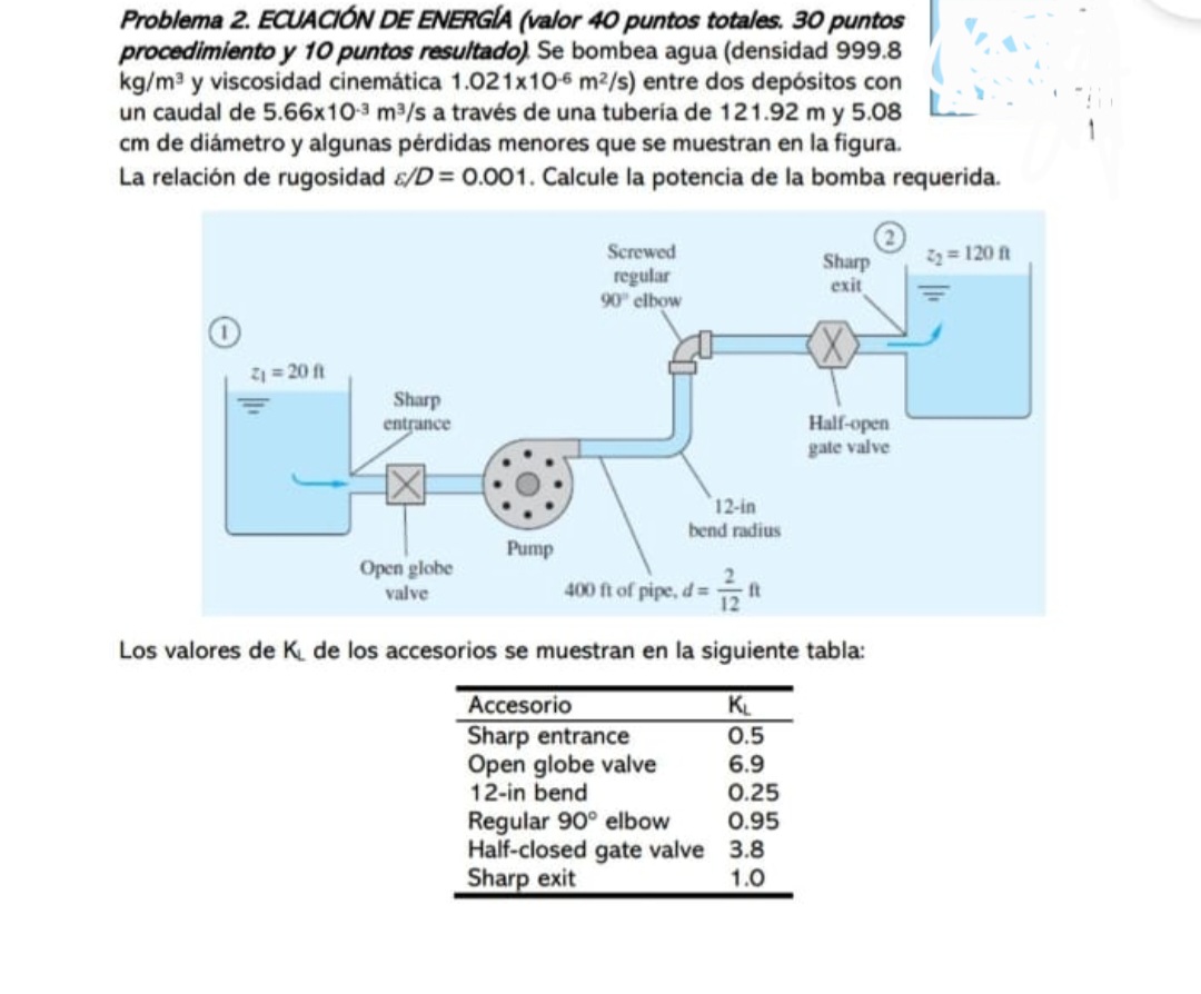 Problema 2. ECUACIÓN DE ENERGIA (va/or 40 puntos totales. 30 puntos procedimiento y 10 puntos resultado). Se bombea agua (den