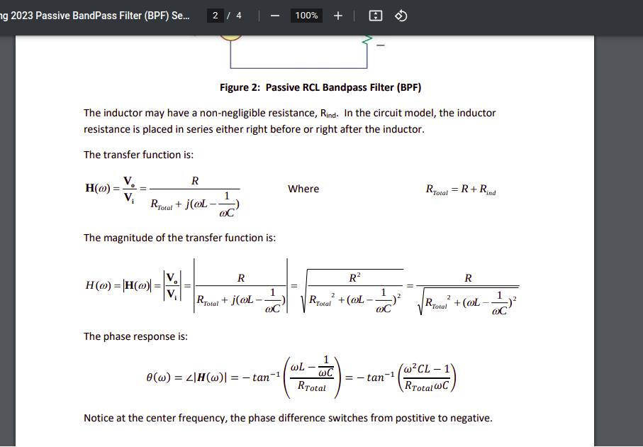 Solved Figure 2: Passive RCL Bandpass Filter (BPF) The | Chegg.com