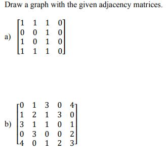 Solved Draw a graph with the given adjacency matrices. a) [1 | Chegg.com