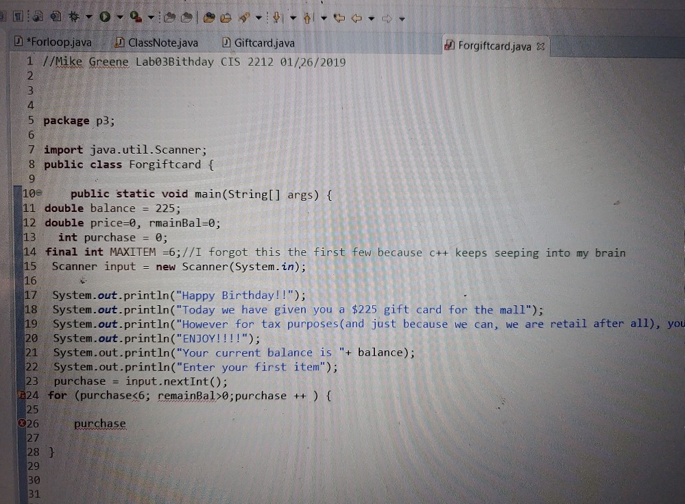 Solved D *Forloop.java D ClassNote.java 1 //Mike Greene | Chegg.com