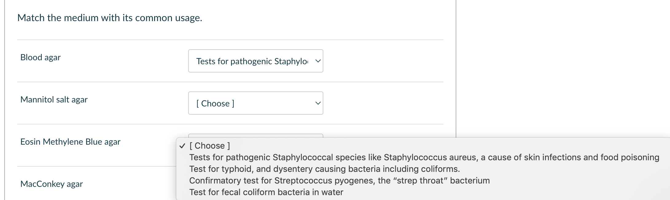 Solved Match the medium with its common usage. Blood agar | Chegg.com