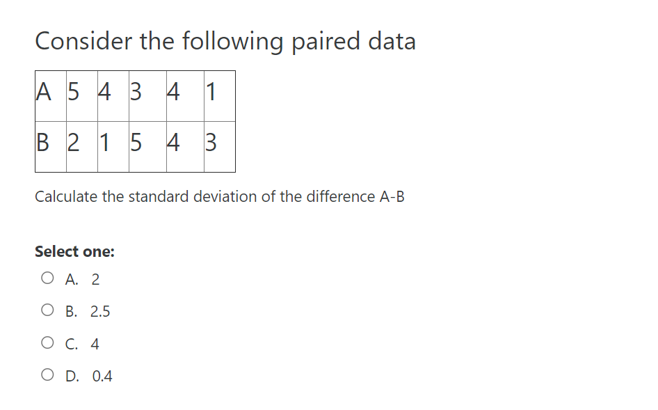 Solved Consider the following paired data A 5 4 3 4 1 B 2 1 | Chegg.com