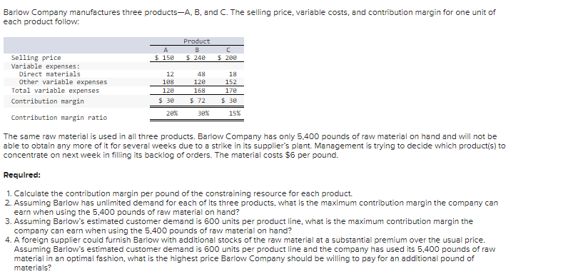 Solved Barlow Company Manufactures Three Products-A. B, And | Chegg.com