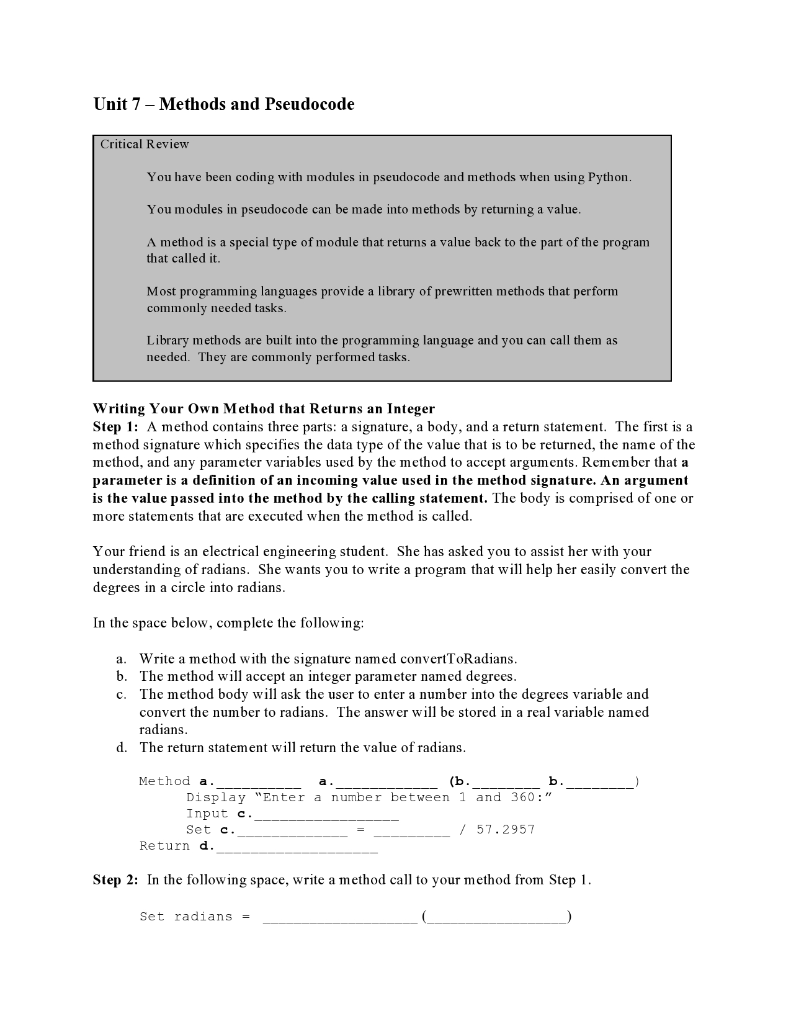 Solved Unit 7 - Methods and Pseudocode Critical Review You | Chegg.com