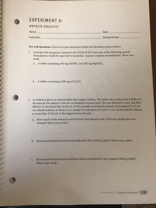 Solved EXPERIMENT 6 ANTACID ANALYSIS Name Instructor