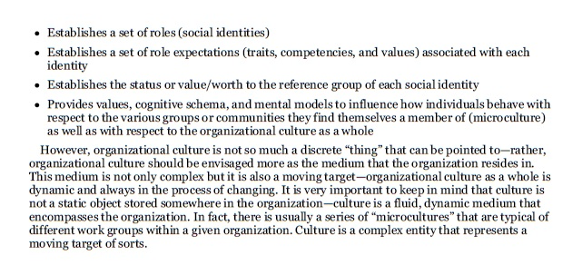 • establishes a set of roles (social identities) • establishes a set of role expectations (traits, competencies, and values)