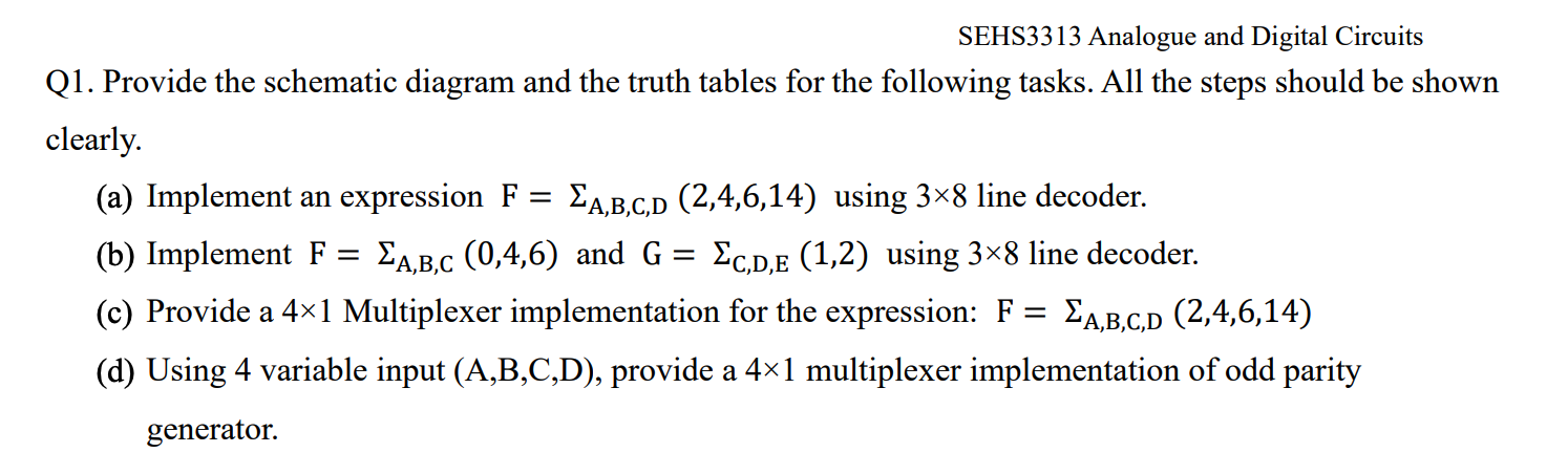 Solved = SEHS3313 Analogue and Digital Circuits Q1. Provide | Chegg.com