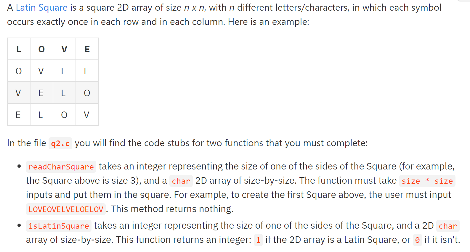 Solved A Latin Square is a square 2D array of size n x n, | Chegg.com