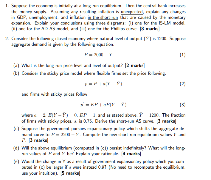 Solved 1. Suppose The Economy Is Initially At A Long-run | Chegg.com