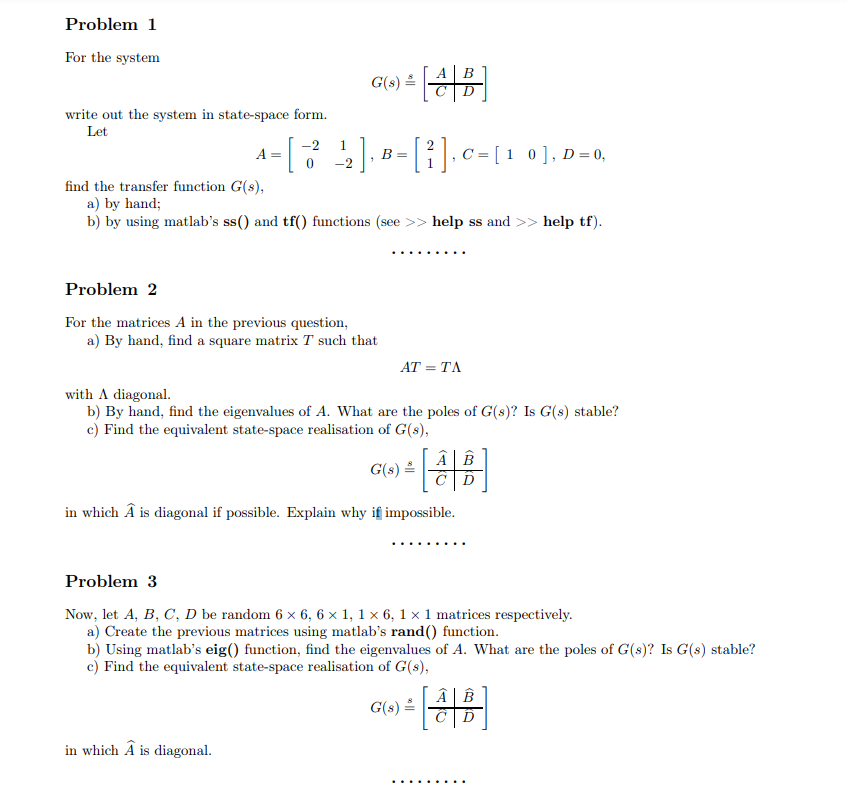 Solved Problem 1 For The System G 8 Write Out The System Chegg Com