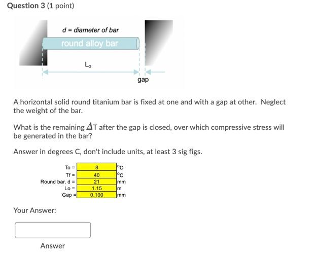 Solved Question 3 (1 point) d = diameter of bar round alloy | Chegg.com