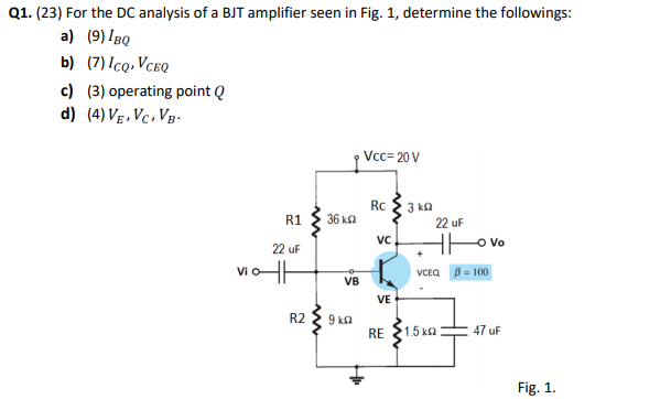Solved Q1. (23) For the DC analysis of a BJT amplifier seen | Chegg.com