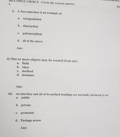 Solved MULTIPLE CHOICE: Circle the correct answer i). A Java | Chegg.com