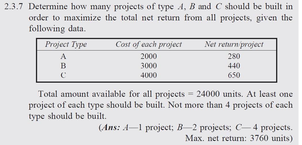 Solved 2.3.7 Determine how many projects of type A, B and C | Chegg.com