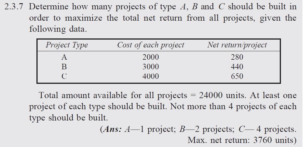 Solved 2.3.7 Determine How Many Projects Of Type A, B And C | Chegg.com