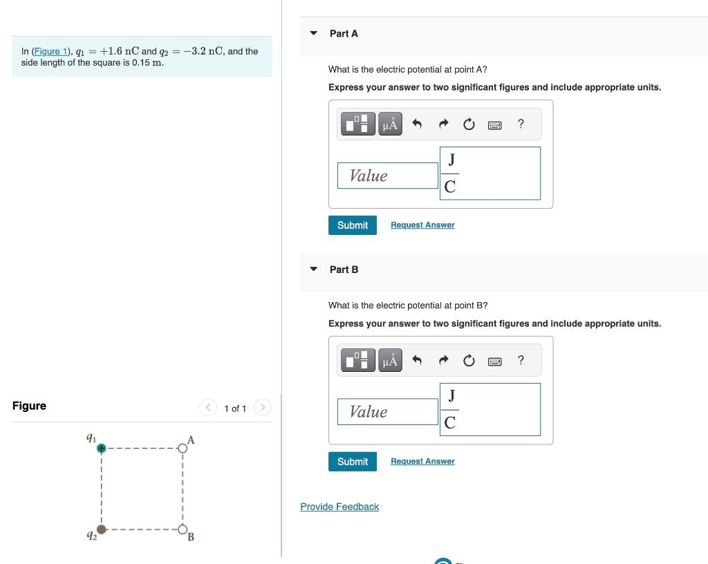 Solved In ,q1=+1.6nC and q2=−3.2nC, and the side length of | Chegg.com