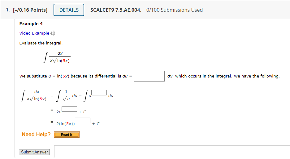 Solved Example 4 Video Example (1)) Evaluate the integral. | Chegg.com