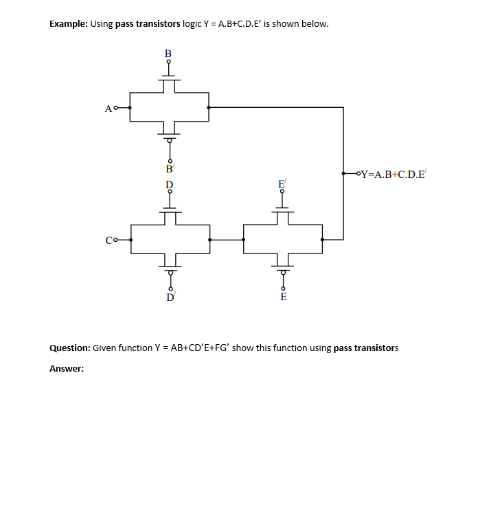 Solved Example Using pass transistors logic Y = A.B+C.D.E'