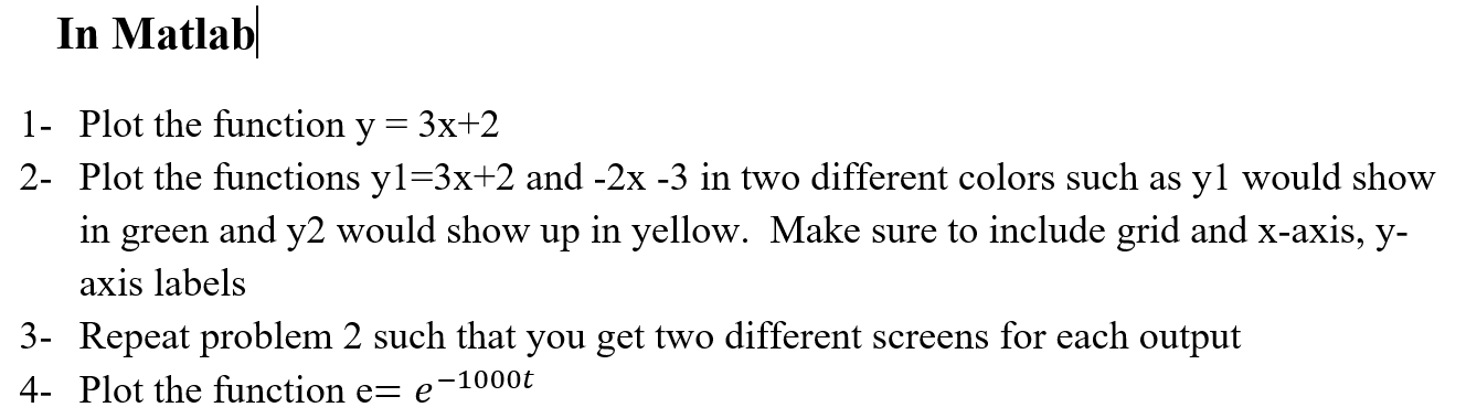 Solved In Matlab 1- Plot the function y = 3x+2 2- Plot the | Chegg.com