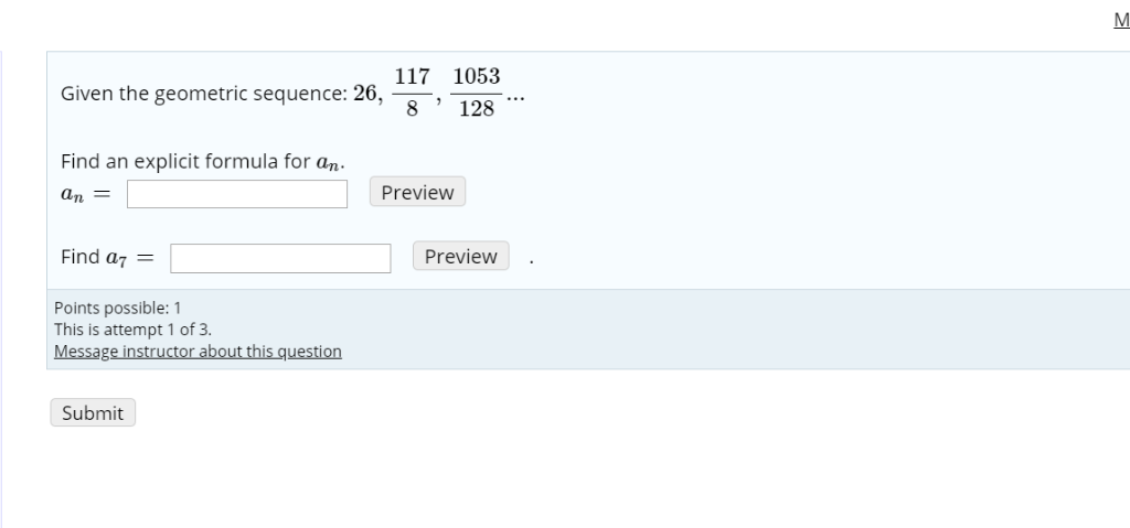Solved 117 1053 Given the geometric sequence: 26, 8 128 Find | Chegg.com