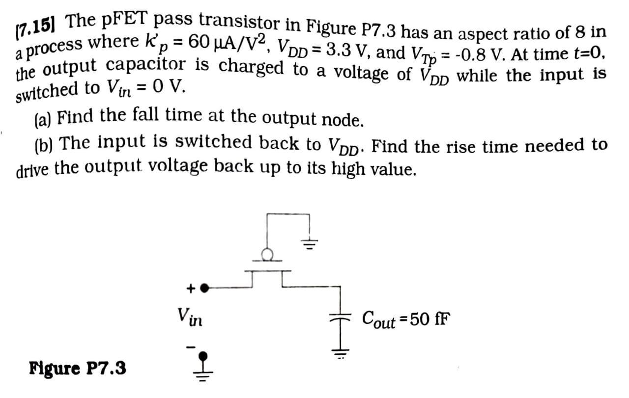 (7.15] The pFET pass transistor in Figure P7.3 has an | Chegg.com
