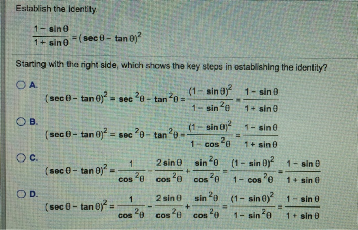 Solved Establish the identity. 1-sin θ + sin θ ( sec θ-tan | Chegg.com