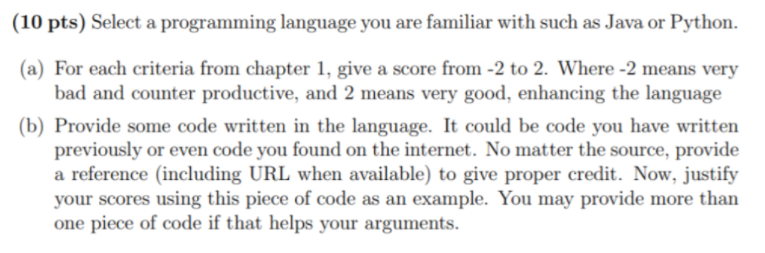 (10 pts) Select a programming language you are | Chegg.com