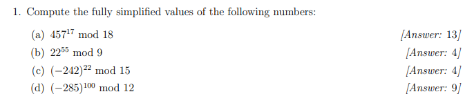 Solved 1. Compute the fully simplified values of the | Chegg.com