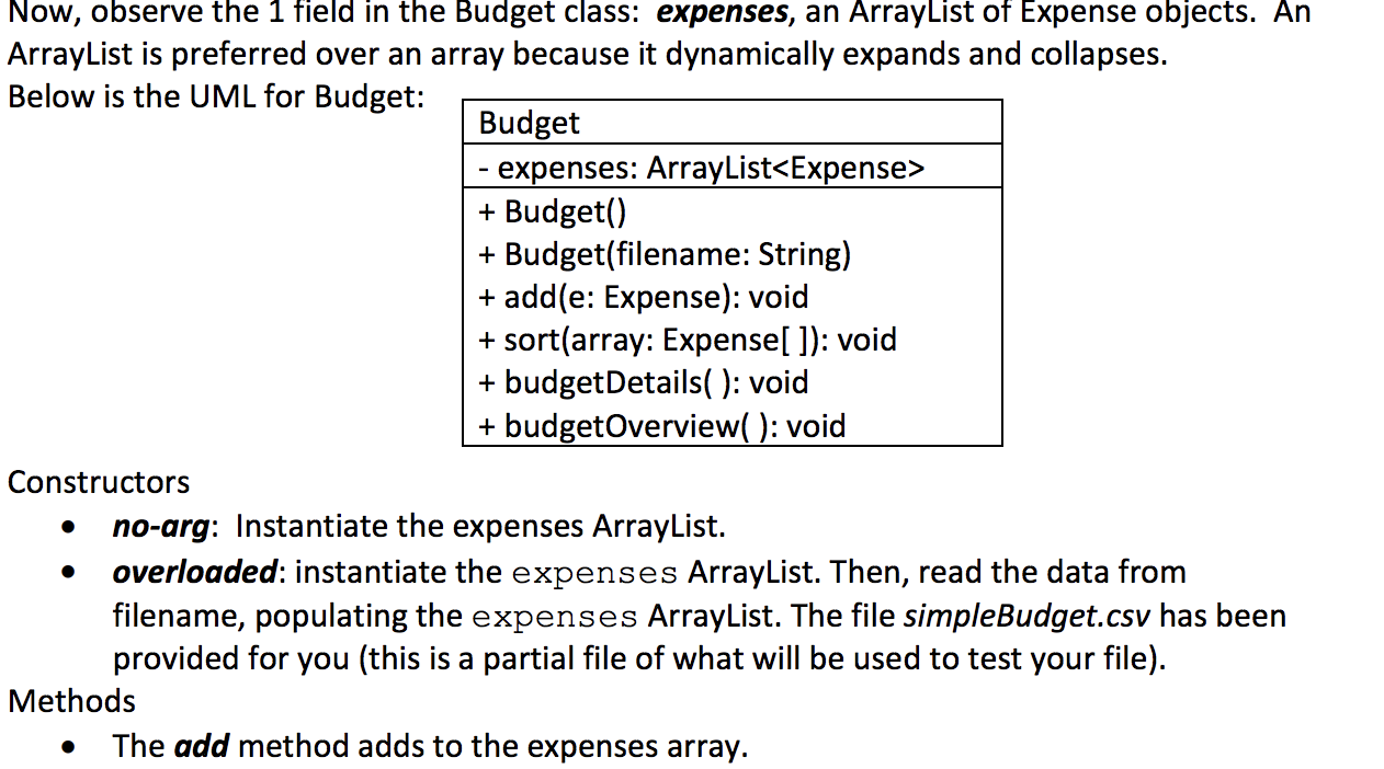 Using Java code, create an ArrayList of Expense | Chegg.com