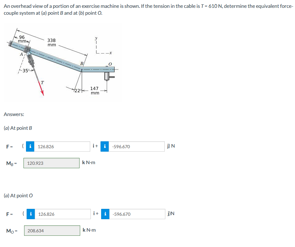 An overhead view of a portion of an exercise machine is shown. If the tension in the cable is \( T=610 \mathrm{~N} \), determ